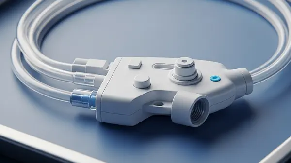 A close-up view of a medical port catheter device made of translucent tubing and a plastic housing, resting on a blue sterile medical tray.