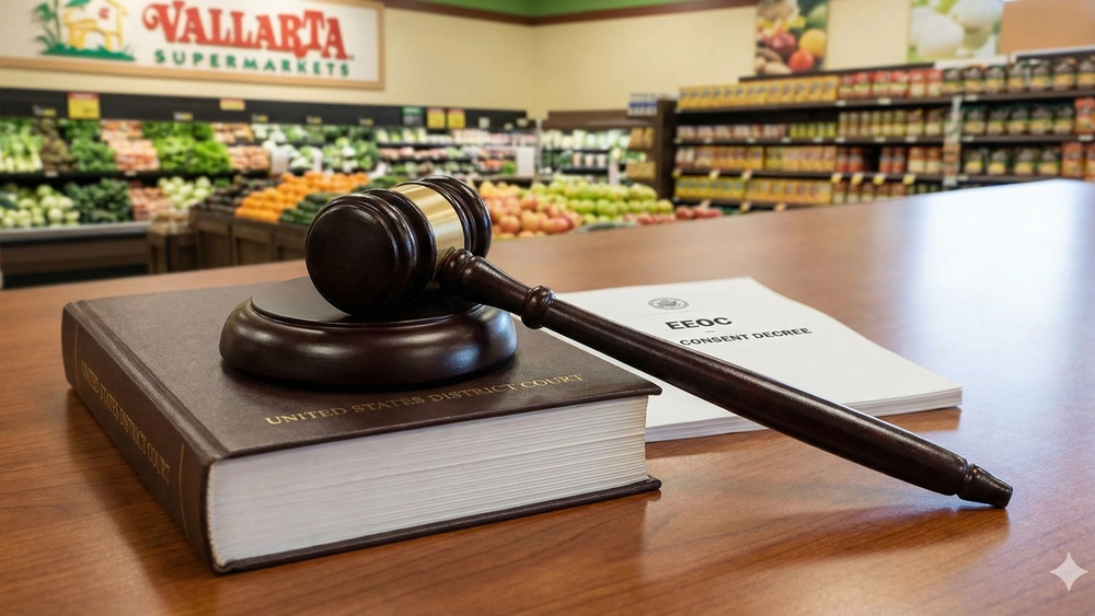 Image showing a gavel or court documents, symbolizing a federal court order, with a subtle background related to employment or a supermarket, representing Vallarta Food Enterprises and the EEOC.