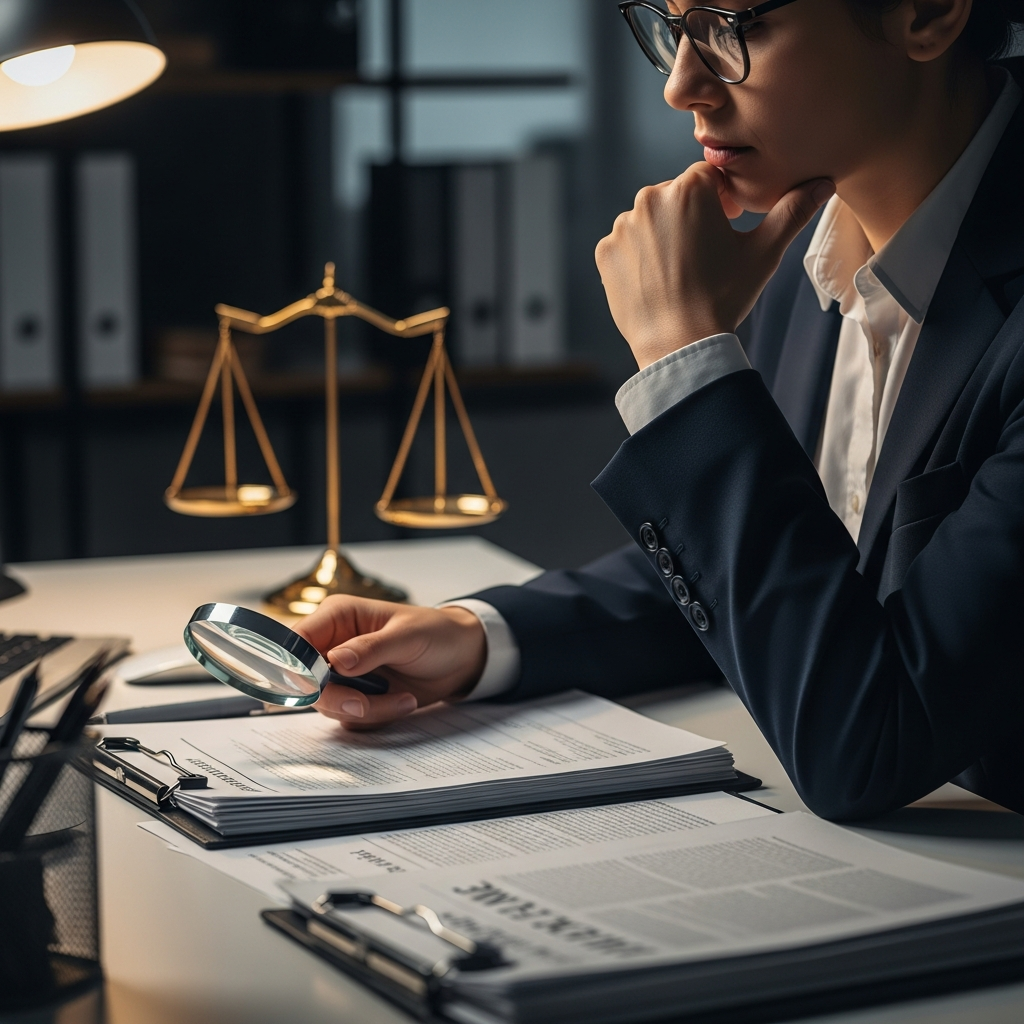 A person sitting in a dimly lit office, looking at a stack of papers on a desk with a magnifying glass nearby, representing the investigation of an insurance claim.