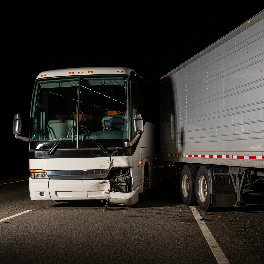 A large white tour bus with a damaged front end resting against the rear of a silver semi-truck trailer on a highway shoulder at night.