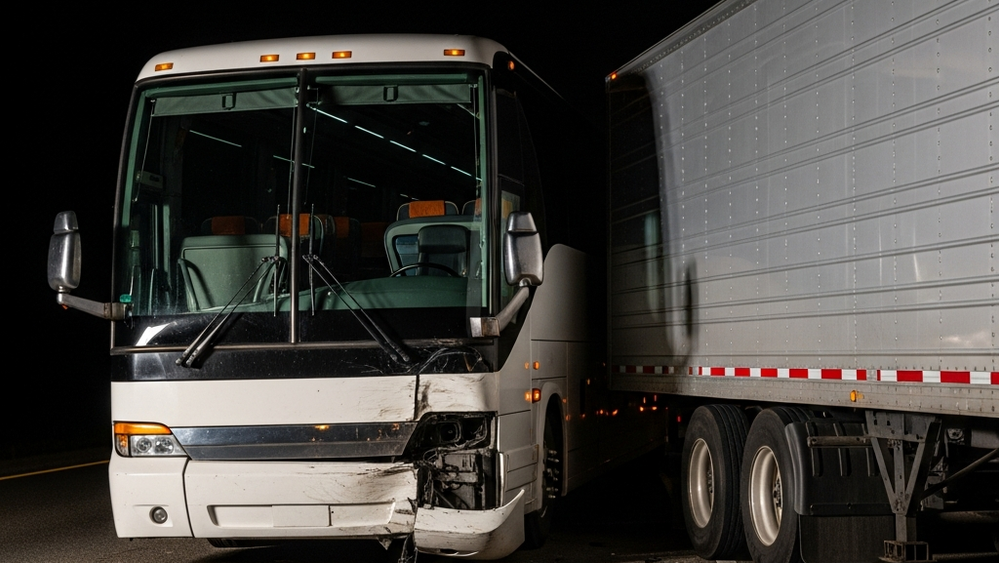 A large white tour bus with a damaged front end resting against the rear of a silver semi-truck trailer on a highway shoulder at night.