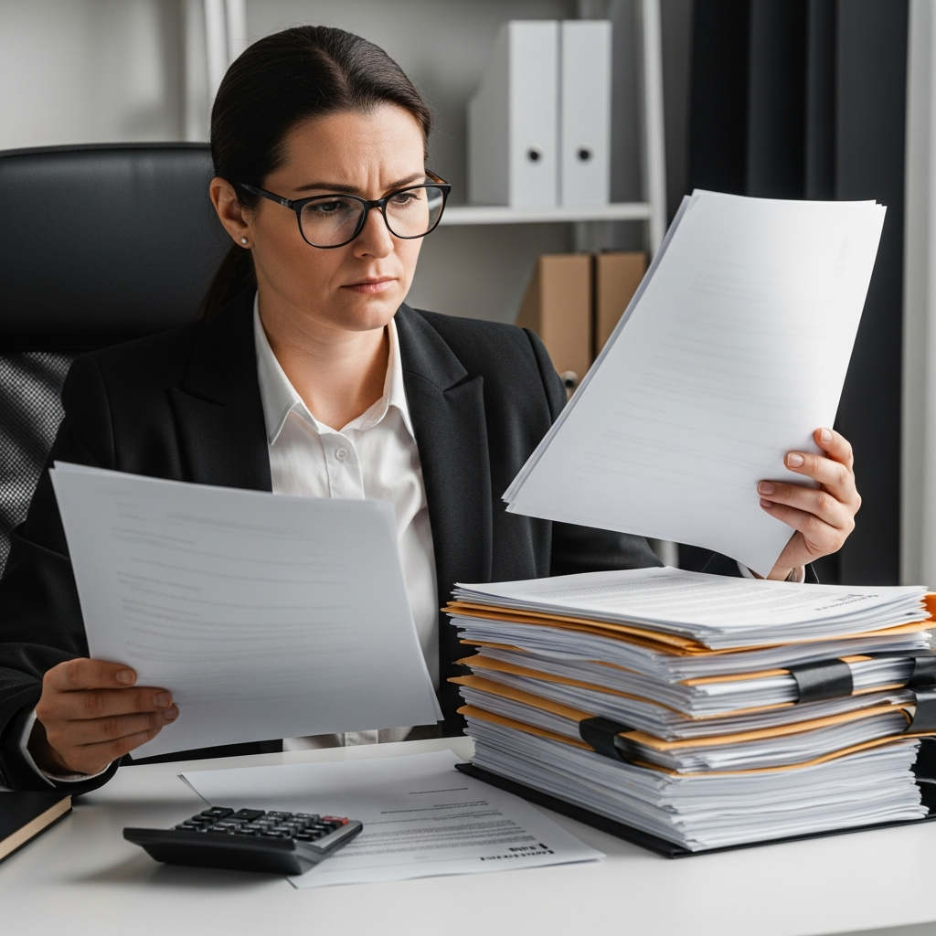 A person sitting at a desk looking frustrated while reviewing a stack of official documents and letters with a calculator nearby.
