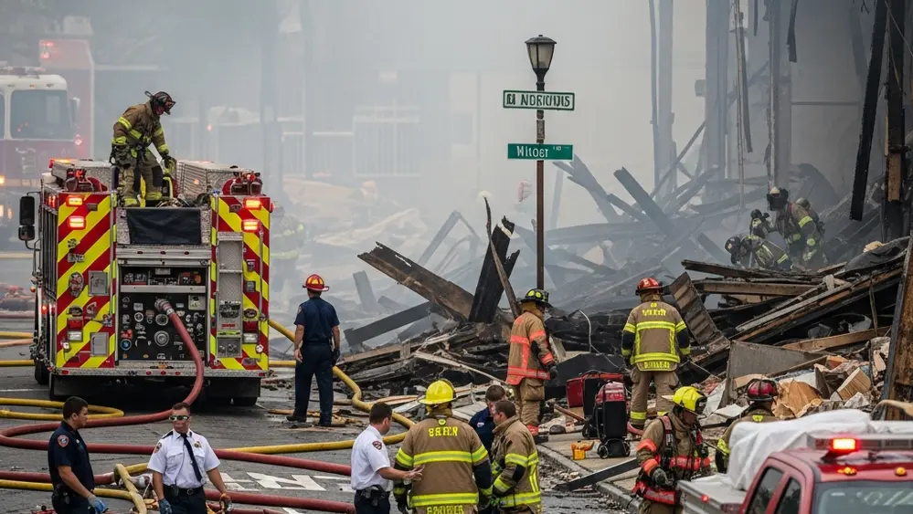 Emergency responders and fire crews at the scene of a destroyed building with smoke and debris.