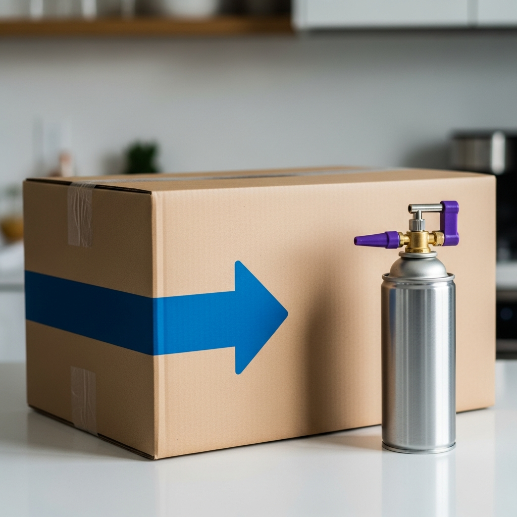 A large cardboard shipping box with a blue arrow sitting on a kitchen counter next to a metal pressurized canister with a purple nozzle.