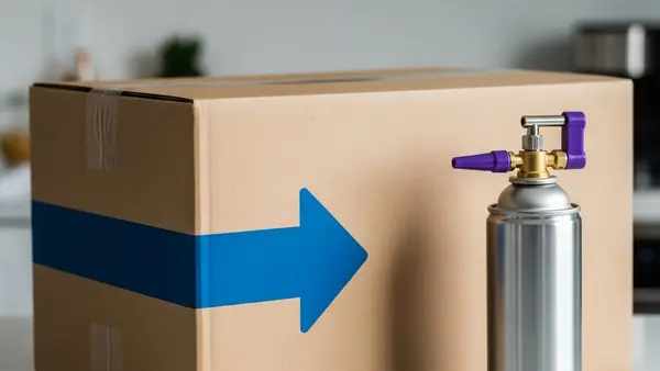 A large cardboard shipping box with a blue arrow sitting on a kitchen counter next to a metal pressurized canister with a purple nozzle.