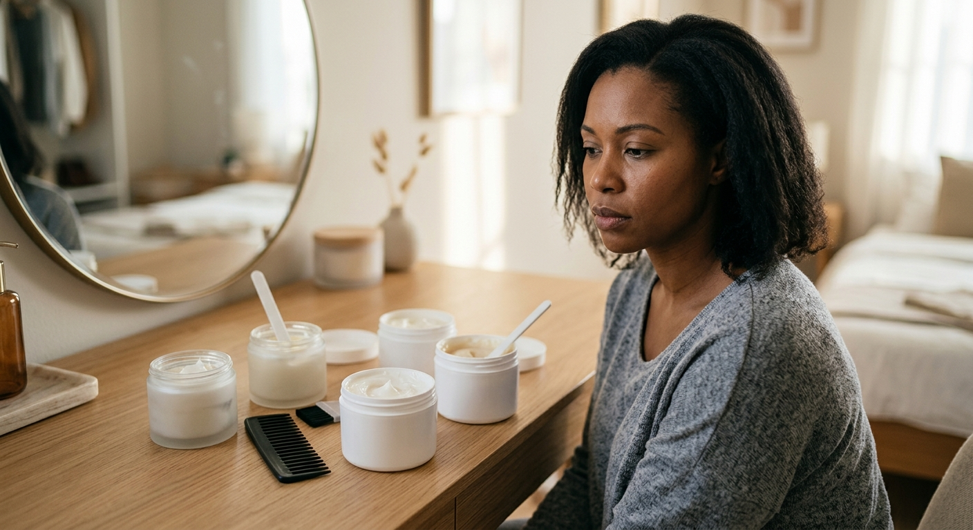 A woman with dark hair sits at a vanity table with several unbranded jars of hair relaxer cream and a comb, symbolizing product usage without visible text.