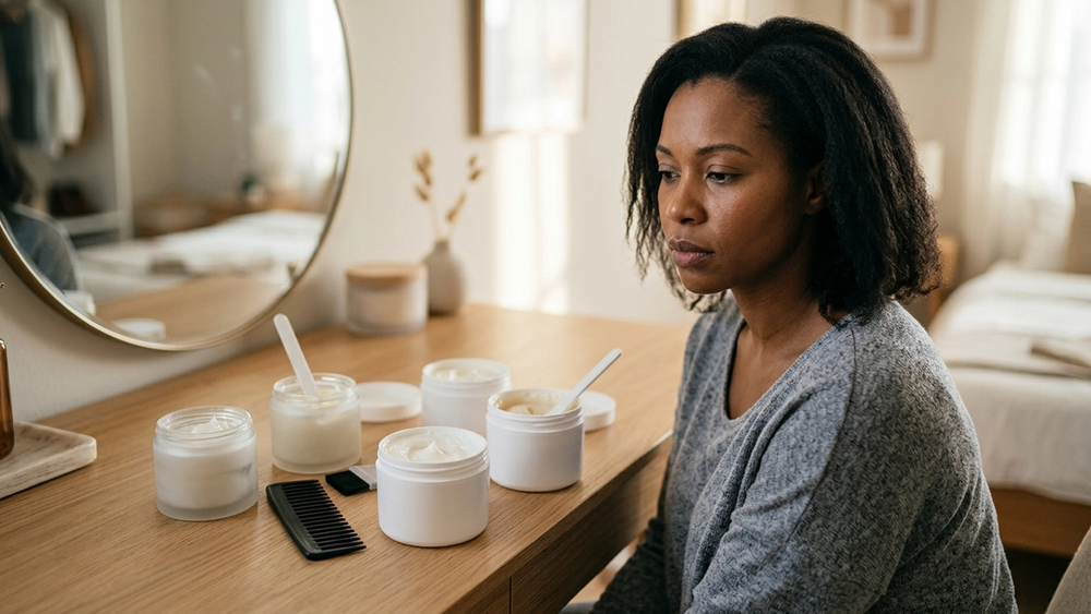 A woman with dark hair sits at a vanity table with several unbranded jars of hair relaxer cream and a comb, symbolizing product usage without visible text.