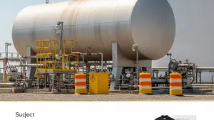 A large industrial petroleum storage tank at a facility with yellow safety hazard cones and industrial equipment in the foreground.