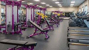 A large exercise facility with purple and yellow fitness machines, weight benches, and treadmills arranged in rows.