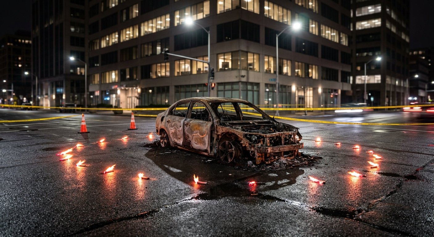 A charred vehicle frame resting in the middle of a city intersection at night, surrounded by emergency flares and yellow caution tape with flickering streetlights reflecting off wet asphalt.