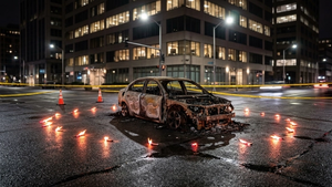 A charred vehicle frame resting in the middle of a city intersection at night, surrounded by emergency flares and yellow caution tape with flickering streetlights reflecting off wet asphalt.