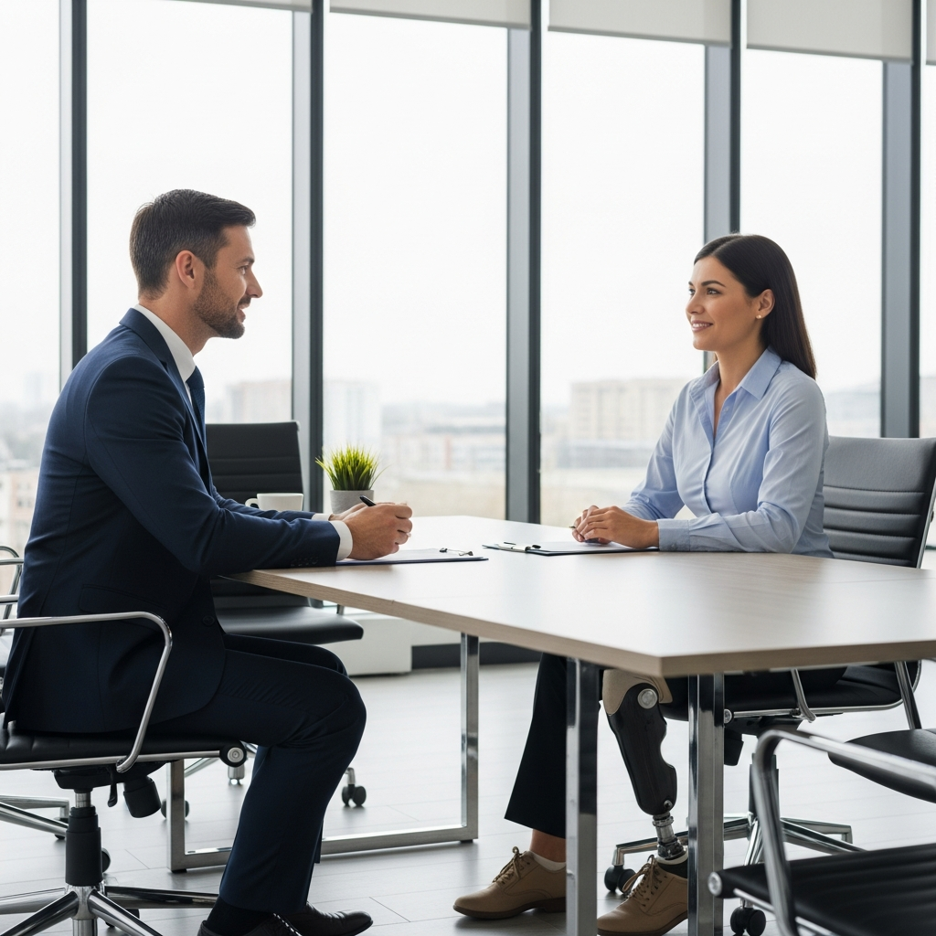 A manager in a business office setting conducts a professional interview with an applicant who has a visible disability, symbolic of inclusive hiring.