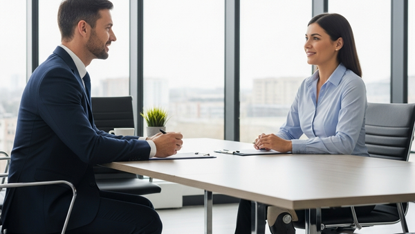 A manager in a business office setting conducts a professional interview with an applicant who has a visible disability, symbolic of inclusive hiring.