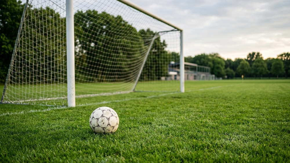 A quiet, green grass soccer field with a white soccer ball sitting near an empty goal post, signifying a disrupted game.