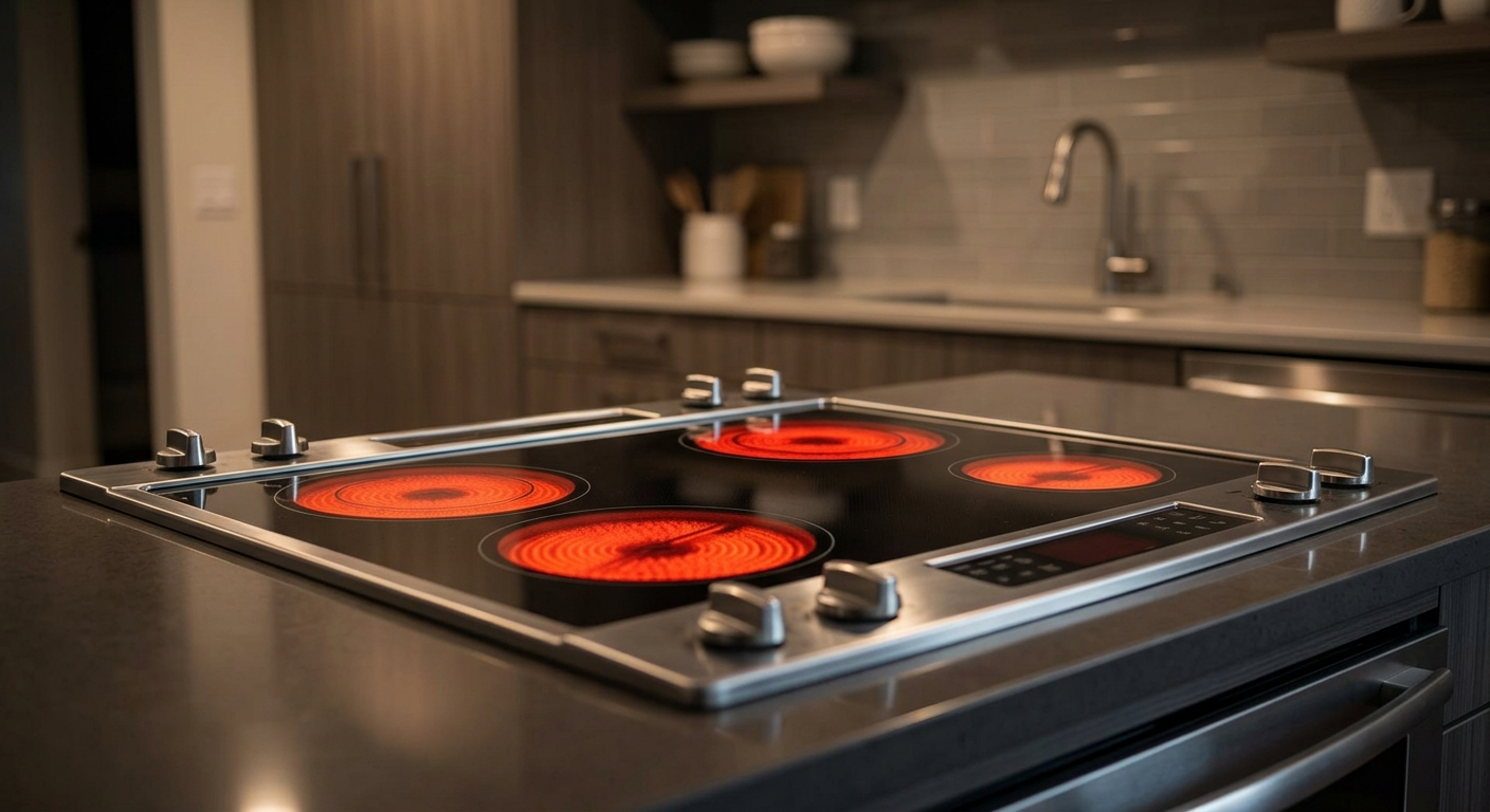 A modern stainless steel electric range with a glass cooktop sits in a kitchen, with its heating elements glowing bright red as if malfunctioning.