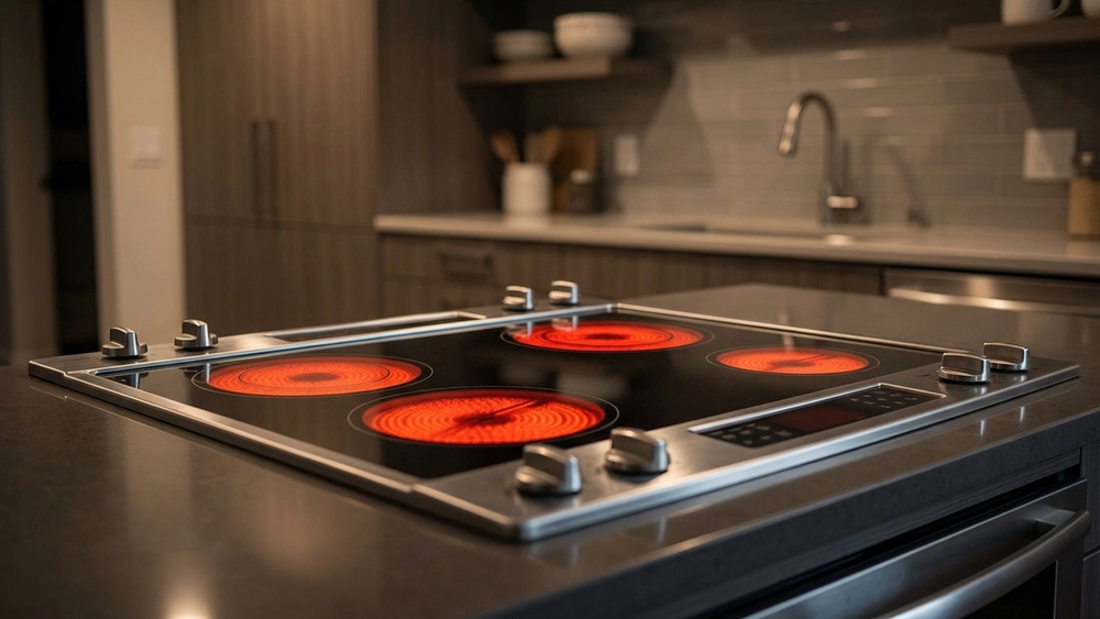 A modern stainless steel electric range with a glass cooktop sits in a kitchen, with its heating elements glowing bright red as if malfunctioning.