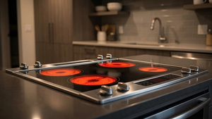 A modern stainless steel electric range with a glass cooktop sits in a kitchen, with its heating elements glowing bright red as if malfunctioning.