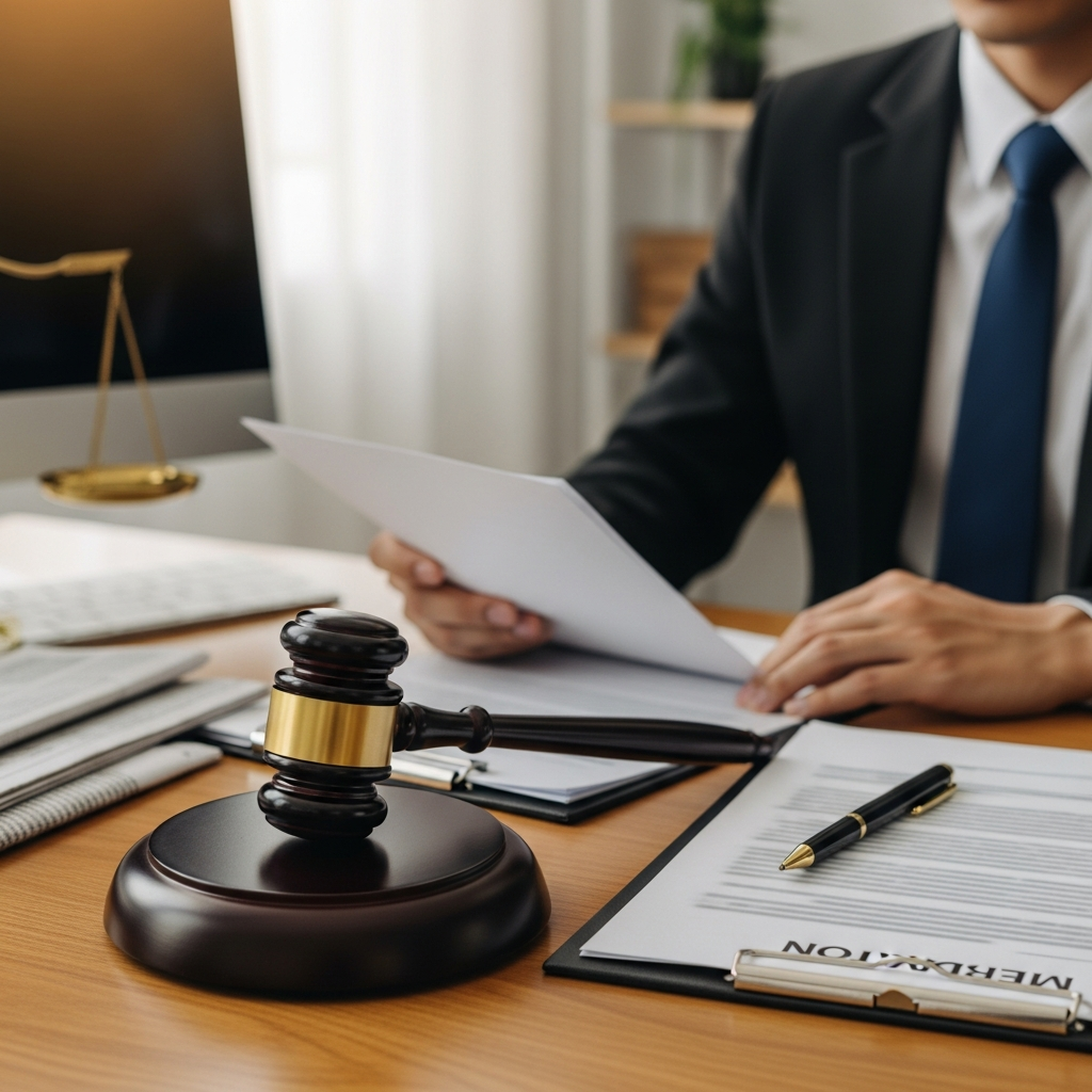A gavel resting on a wooden table next to a document representing union labor rights and mediation.