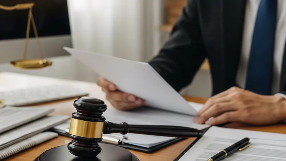 A gavel resting on a wooden table next to a document representing union labor rights and mediation.