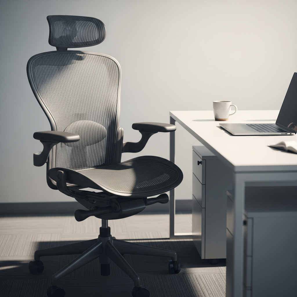 An empty ergonomic office chair sits at a modern white desk with a closed laptop and a ceramic mug in a sunlit, quiet office.