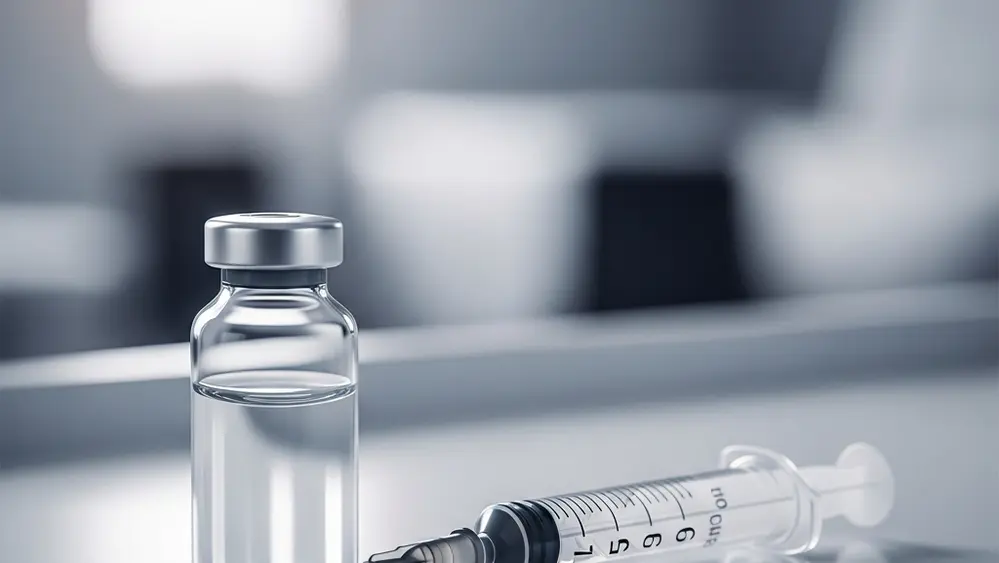 A close-up of a medical vial and a syringe resting on a sterile white surface with a blurred background of a doctor's office.