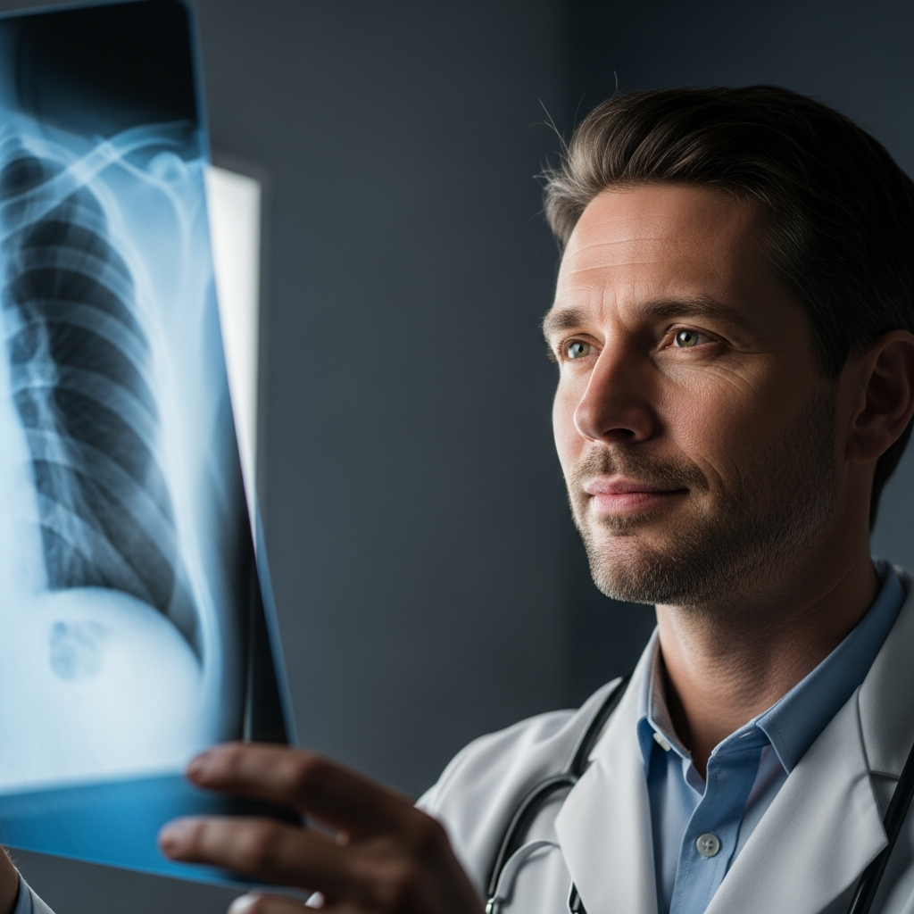 A doctor in a white coat looking thoughtfully at a blurry chest X-ray in a dimly lit examination room.