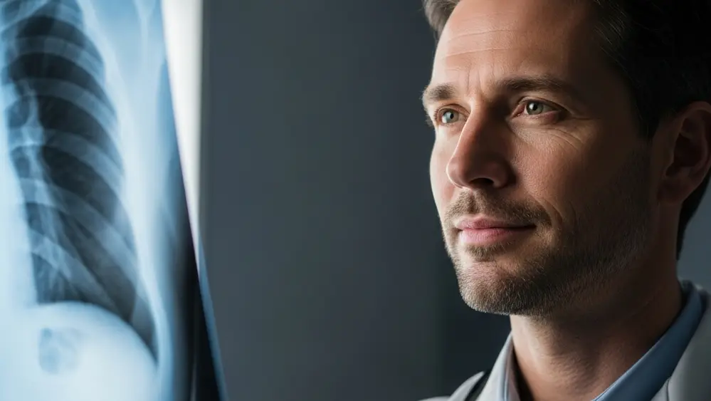 A doctor in a white coat looking thoughtfully at a blurry chest X-ray in a dimly lit examination room.