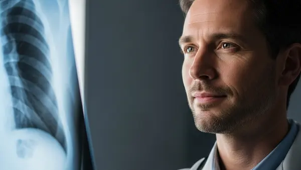 A doctor in a white coat looking thoughtfully at a blurry chest X-ray in a dimly lit examination room.