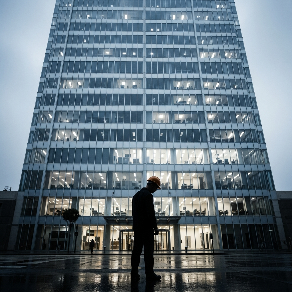 A silhouette of a worker looking at a large glass office building from the outside, representing the isolation felt after workplace retaliation.