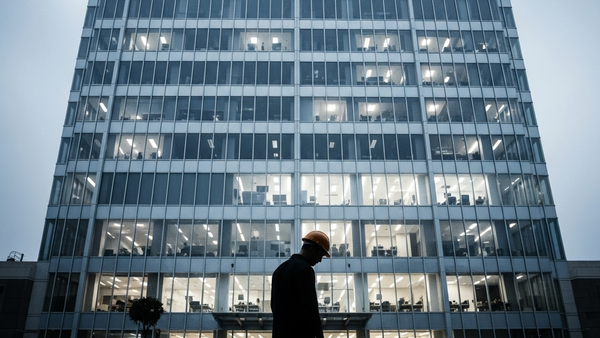 A silhouette of a worker looking at a large glass office building from the outside, representing the isolation felt after workplace retaliation.