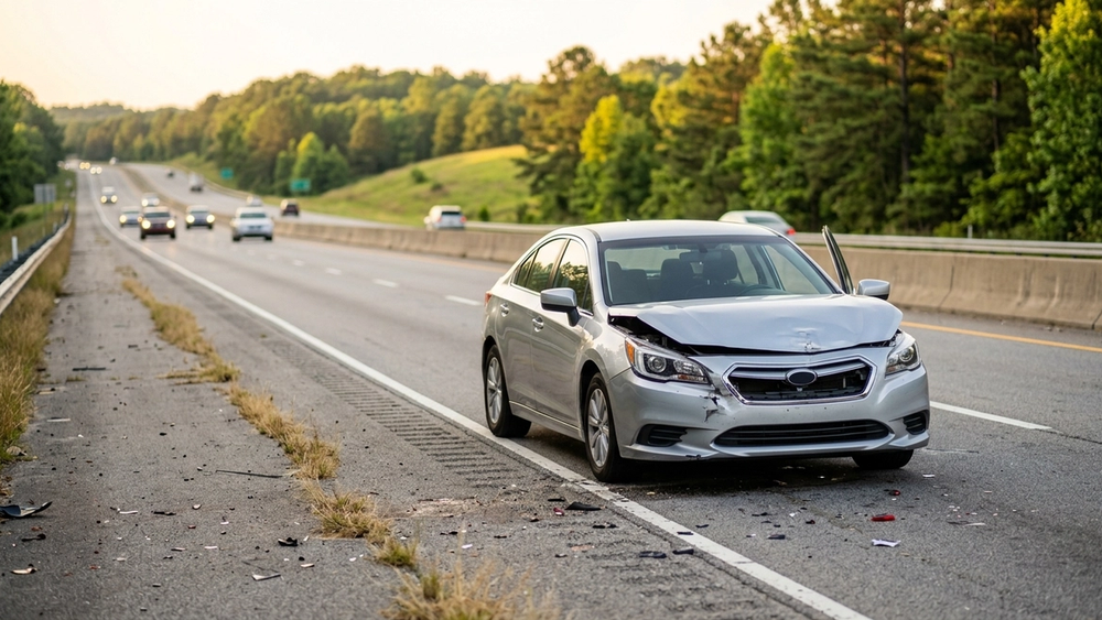 A silver sedan with a crushed front bumper sits on the shoulder of an Alabama highway during late afternoon, illustrating a typical car accident scene without any text or signage.