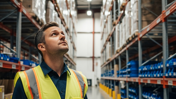 An industrial worker in a safety vest standing in a large warehouse looking at a high-shelf storage system with a focused expression.