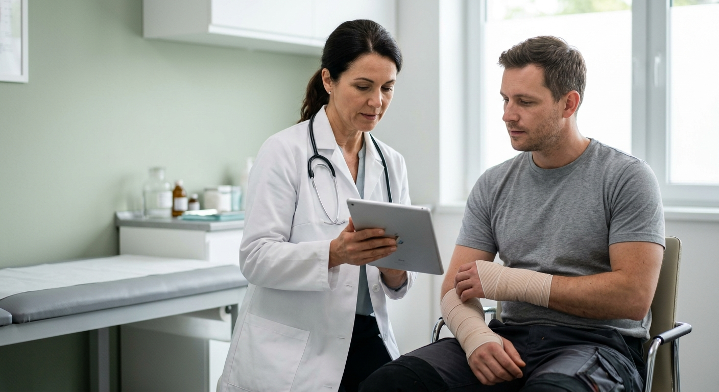 A medical professional in a white coat reviewing a digital chart while an injured worker sits nearby with a supportive bandage on their arm.