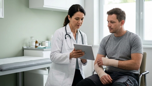 A medical professional in a white coat reviewing a digital chart while an injured worker sits nearby with a supportive bandage on their arm.
