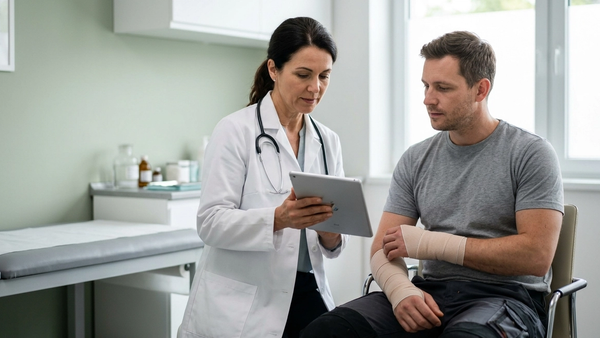 A medical professional in a white coat reviewing a digital chart while an injured worker sits nearby with a supportive bandage on their arm.