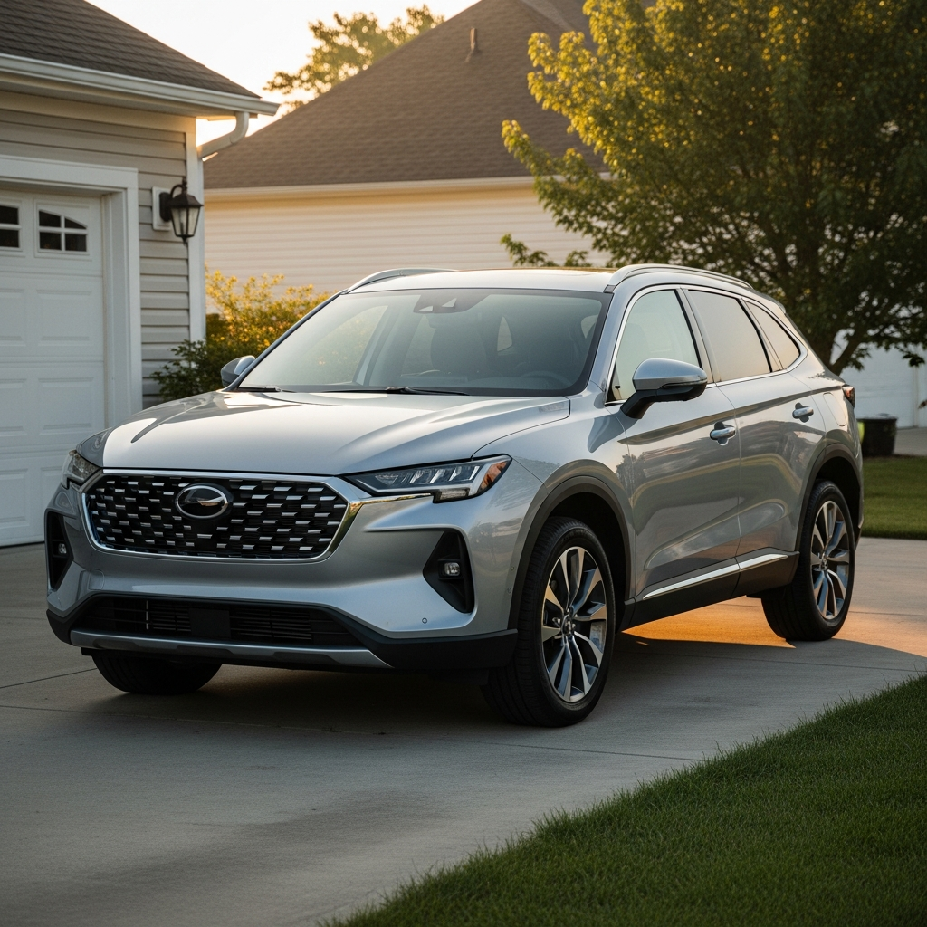 A new silver SUV parked in a clean residential driveway reflecting the morning sun, representing a potential replacement vehicle.