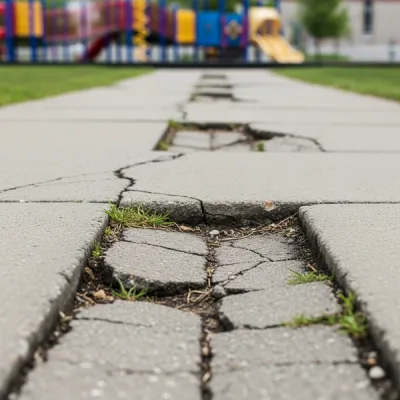 A close-up of an outdoor school walkway with uneven pavement near a playground, symbolizing potential trip hazards