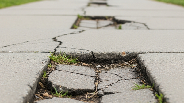 A close-up of an outdoor school walkway with uneven pavement near a playground, symbolizing potential trip hazards