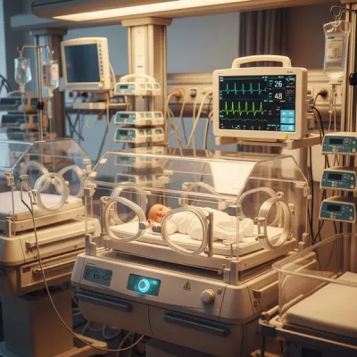 A modern neonatal intensive care unit featuring a medical incubator and heart rate monitors in a sterile hospital setting.