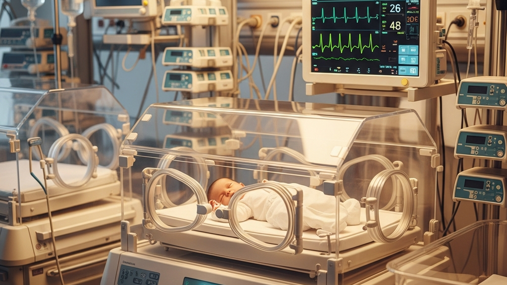 A modern neonatal intensive care unit featuring a medical incubator and heart rate monitors in a sterile hospital setting.