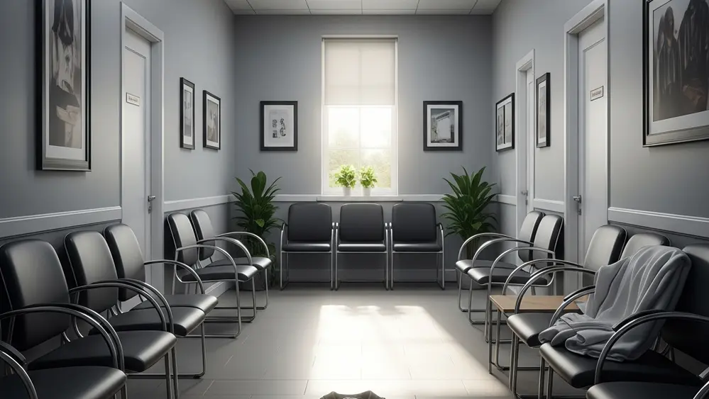 A symbolic image of an empty doctor's office waiting room with soft lighting, reflecting the absence of available medical care.