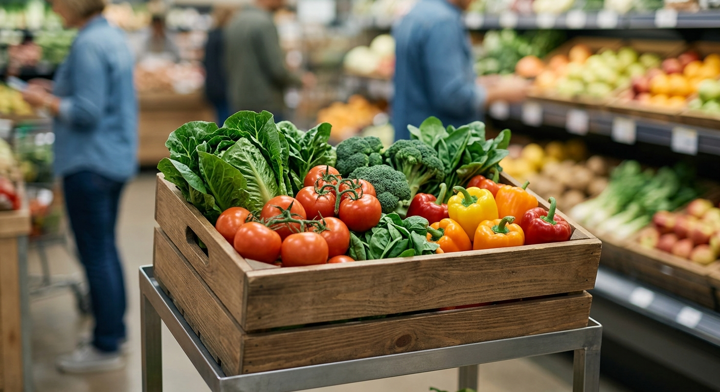 A variety of fresh produce including lettuce and tomatoes inside a grocery store crate, symbolizing potential sources of foodborne illness.