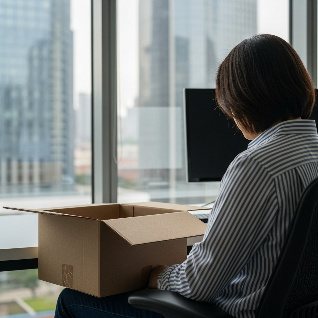 A person sitting at a desk with an empty cardboard box, looking out a window at a city skyline, symbolizing the aftermath of a sudden job loss.
