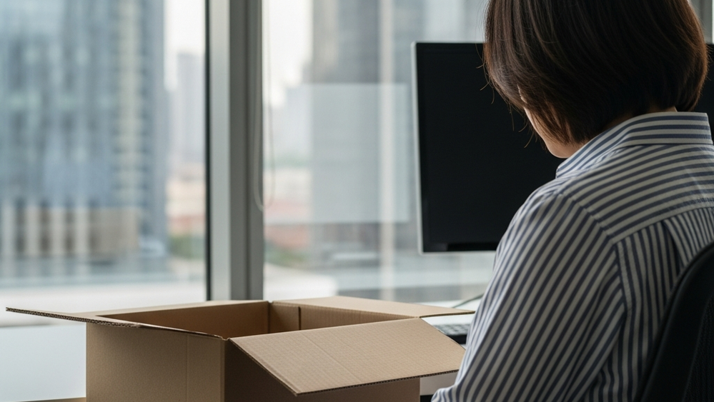 A person sitting at a desk with an empty cardboard box, looking out a window at a city skyline, symbolizing the aftermath of a sudden job loss.