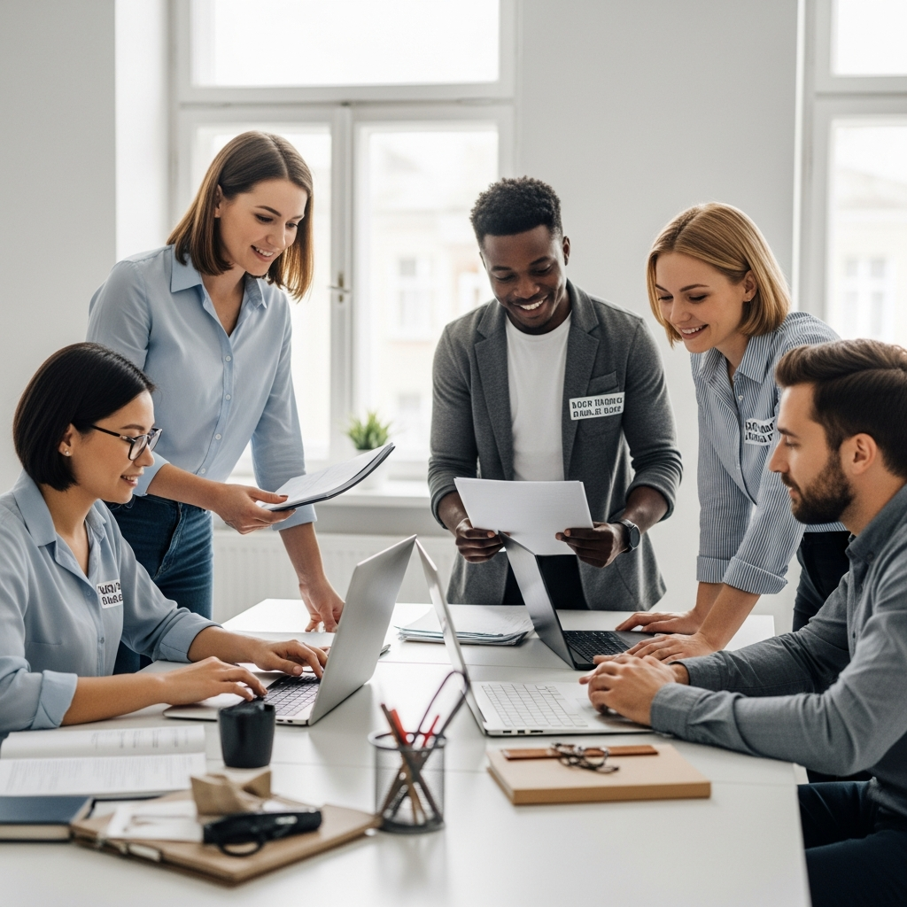 A diverse group of office colleagues working together in a bright, modern office space, symbolizing a professional and inclusive work environment.