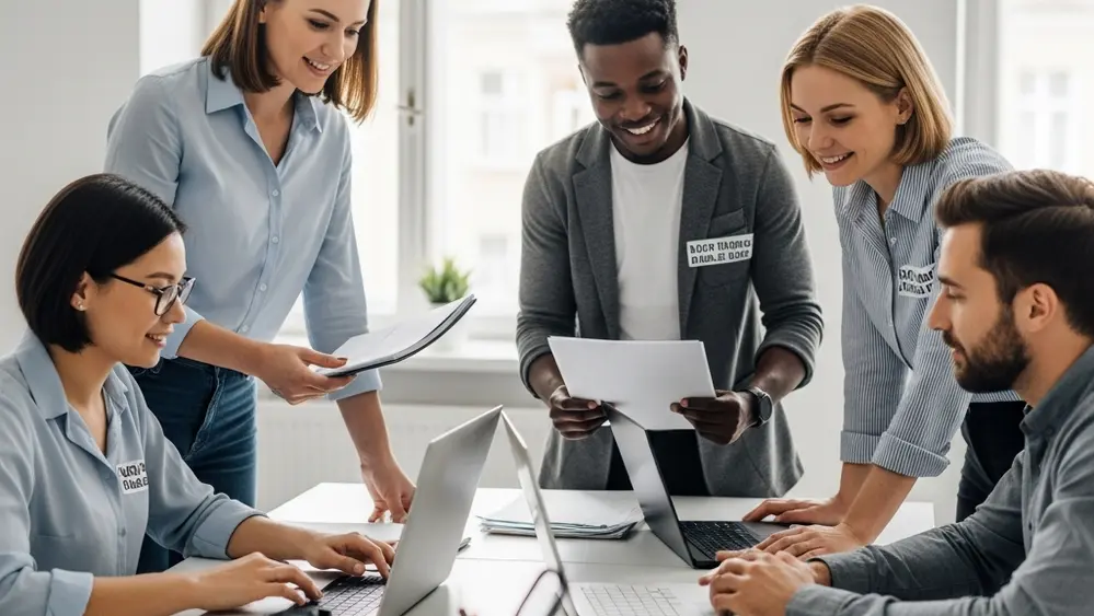 A diverse group of office colleagues working together in a bright, modern office space, symbolizing a professional and inclusive work environment.