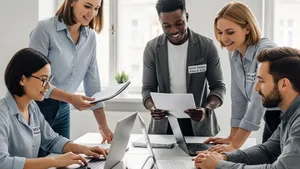 A diverse group of office colleagues working together in a bright, modern office space, symbolizing a professional and inclusive work environment.