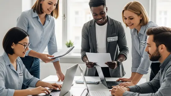 A diverse group of office colleagues working together in a bright, modern office space, symbolizing a professional and inclusive work environment.