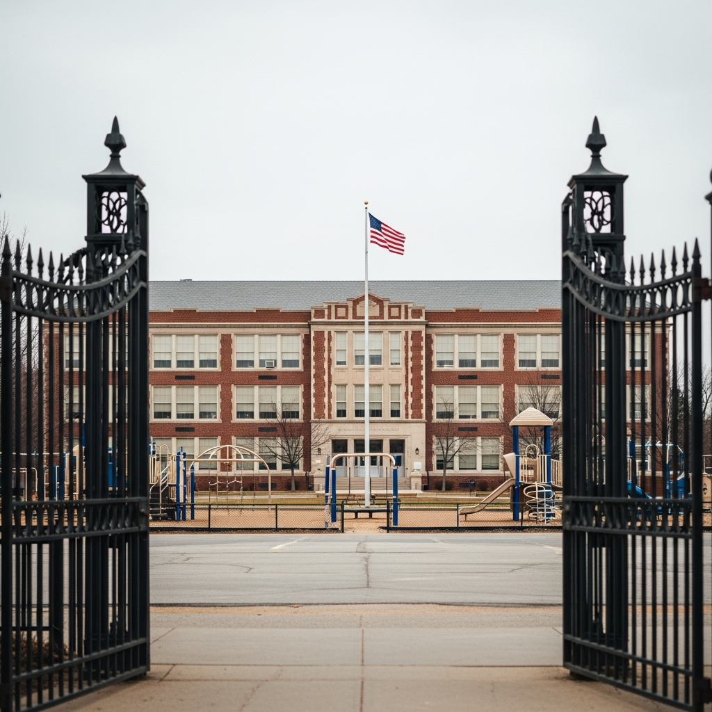 A large brick school building with a flag flying in front, seen through the iron gates of a playground with no people or text visible.