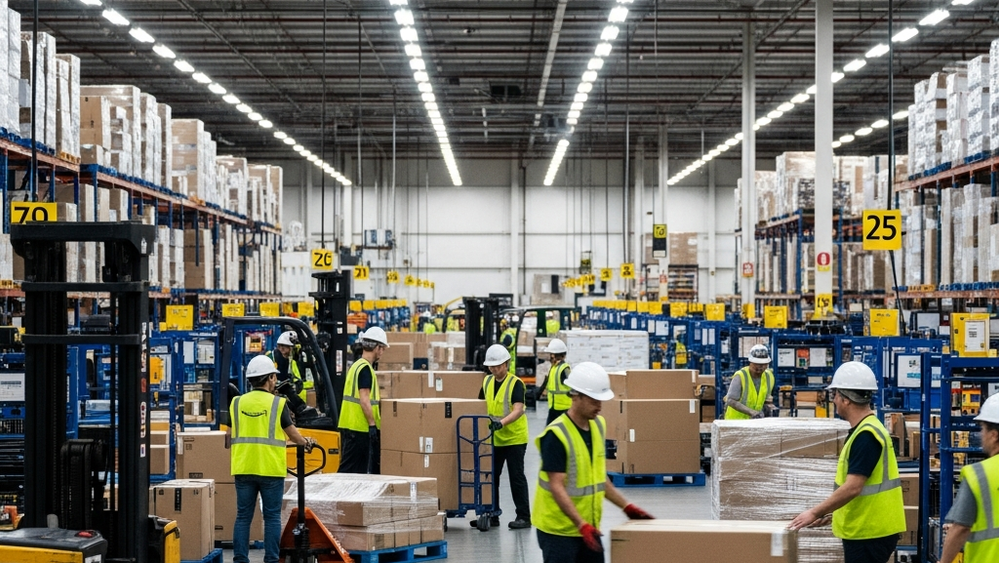 A busy Amazon warehouse interior with workers moving packages under industrial lighting.